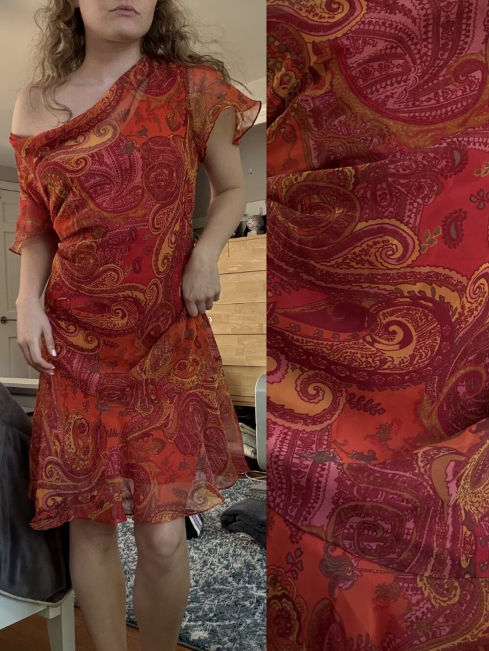 Vintage Red Paisley Printed Off the Shoulder Midi Dress